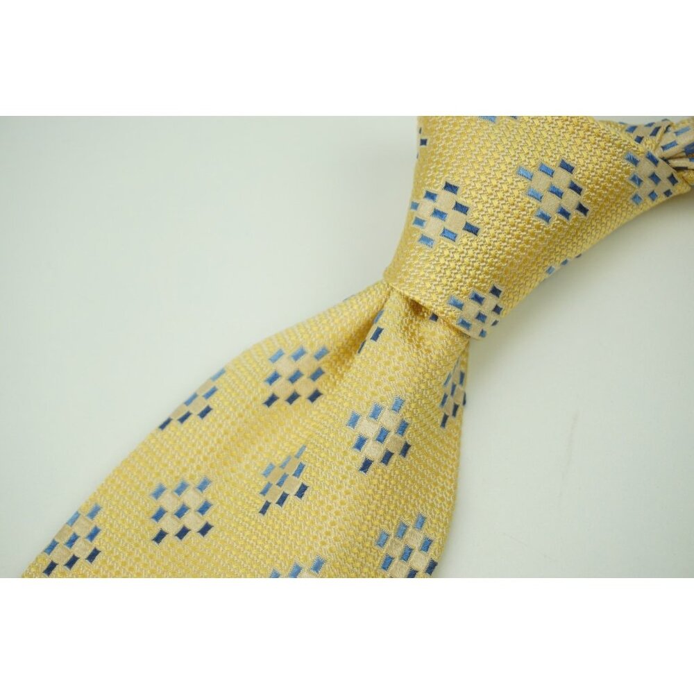 Ermenegildo Zegna Lemon Yellow Woven Blue Geometric Silk Tie